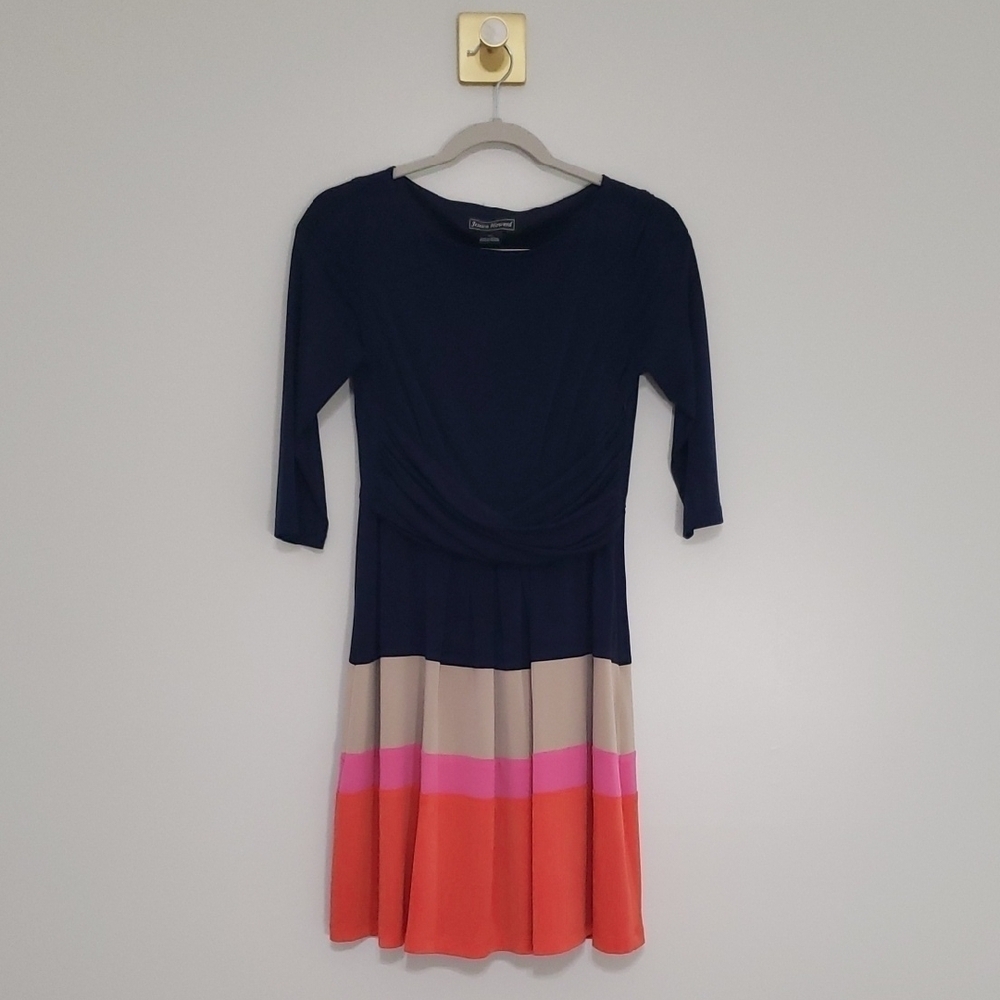 Jessica Howard Fit and Flare Dress 6P Petite Navy Blue Multicolor Colorblock